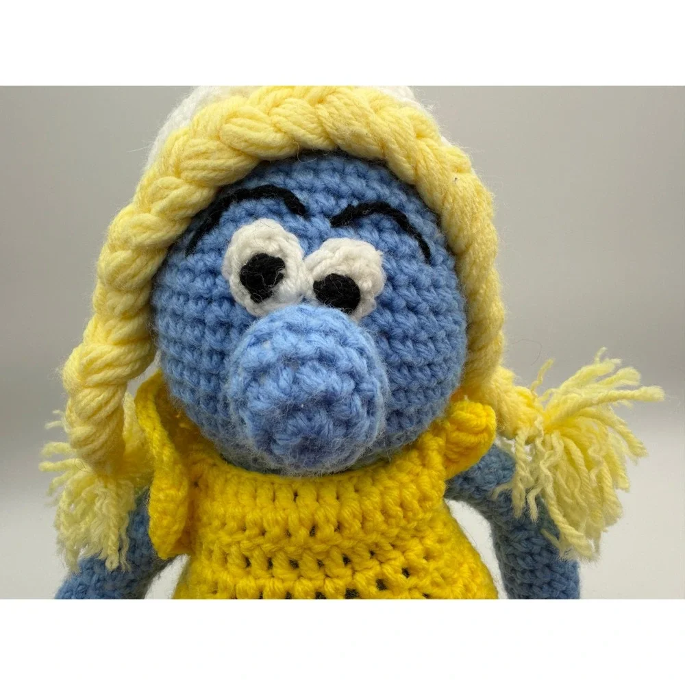 Vintage Handmade Smurf & Smurfette Crochet Plush Amigurumi Dolls Blue Red Yellow